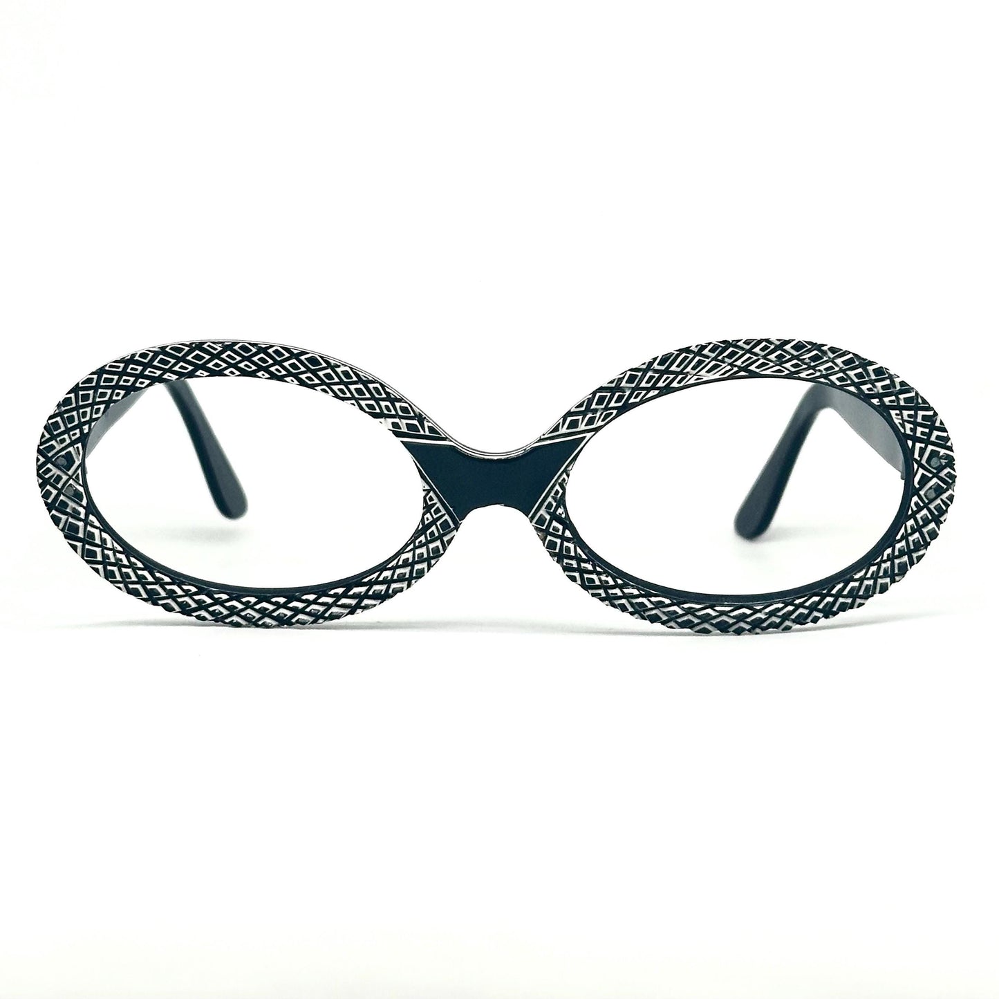 Oval vintage 1950s black eyeglasses handcrafted engraving frames with white thickness squares, NoS