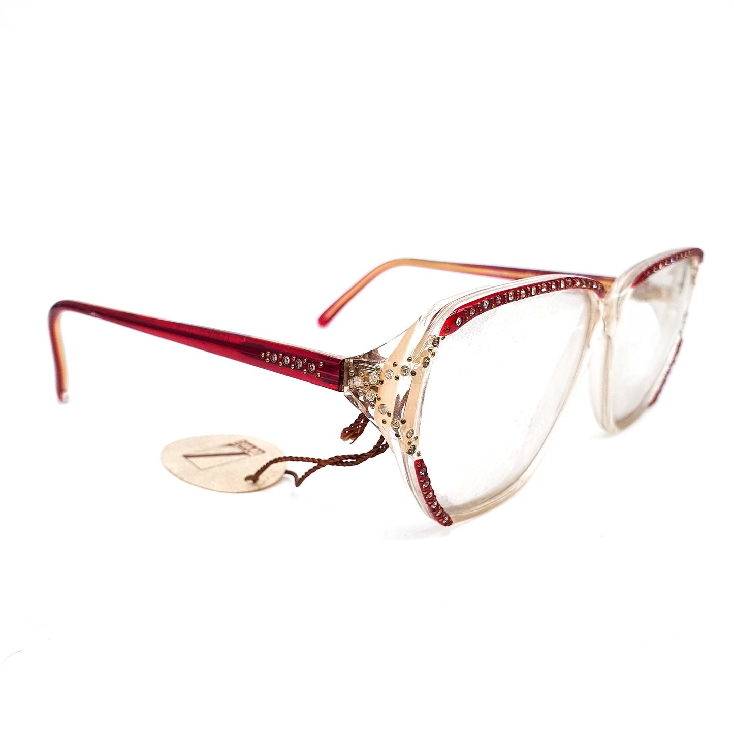 Fendi FV54 oversized glasses in clear/ burgundy acetate w crystals detailing, NOS 80s Italy
