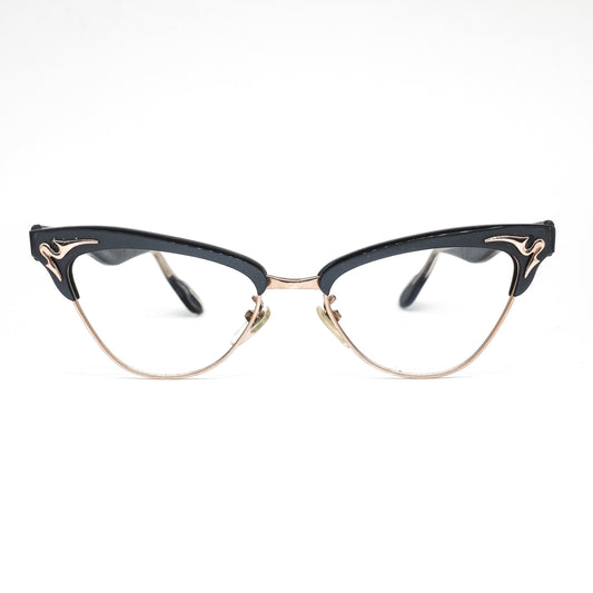 Bausch and Lomb B&L cello eyeglasses frames in clubmaster and cateye design with golden details, 1980s