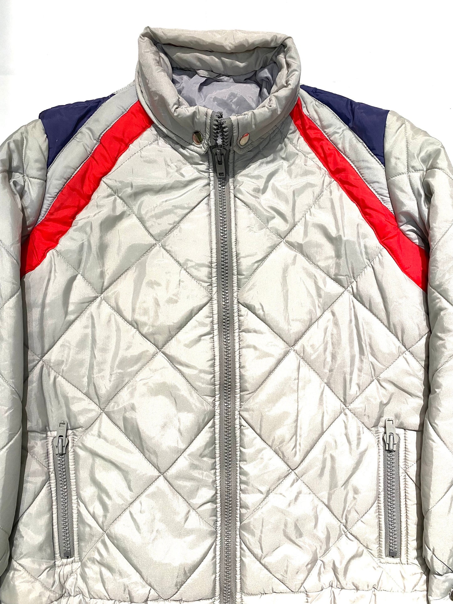 Viscosuisse grey quilted jacket with blue/red  inserts and retractable hood, sz S / 38