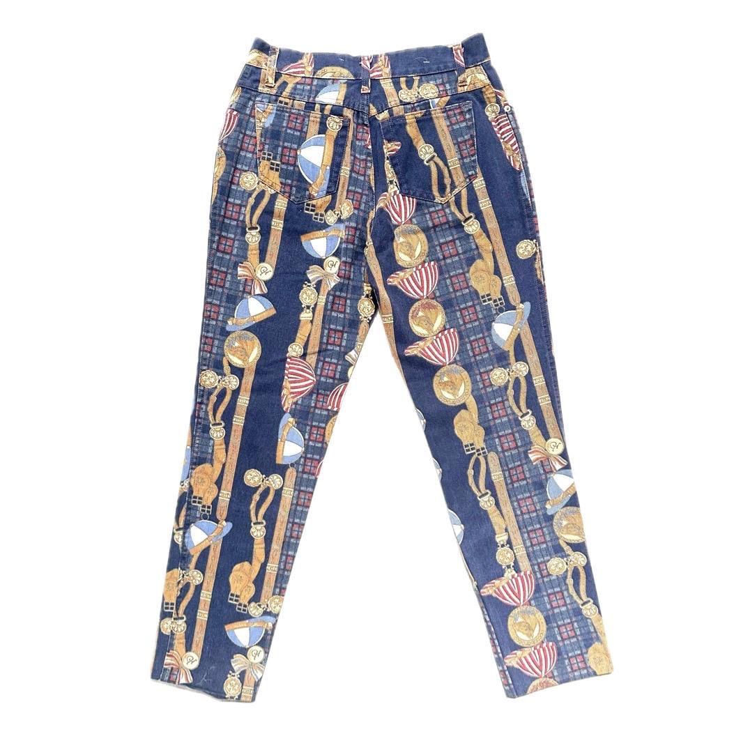 Roccobarocco vintage blue jeans with baroque print allover and horse riding themed designing size 31 90s