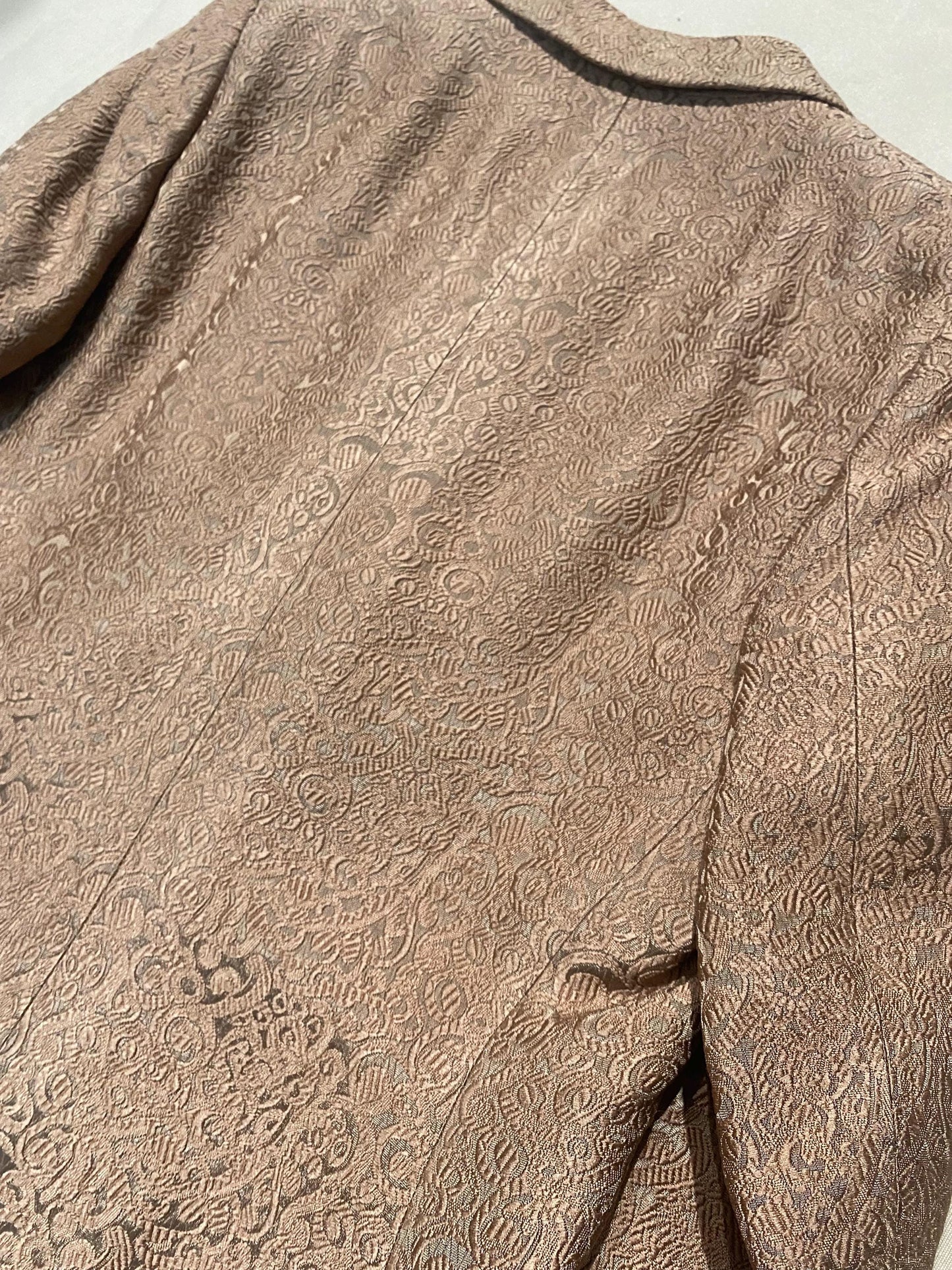 1960s sartorial dbl breast coat in jacquard satin brocade allover, cameo color w beige lining, as new
