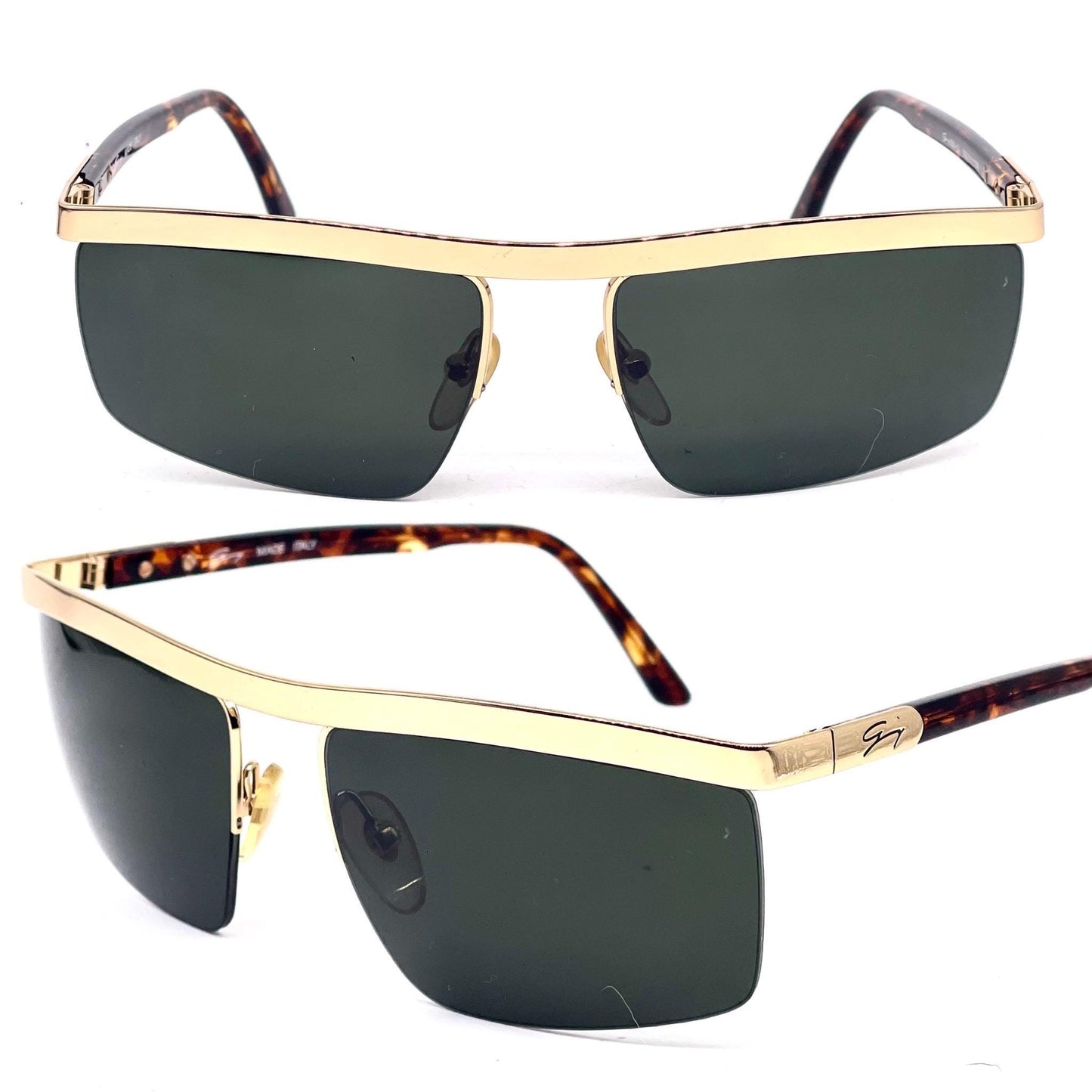 Genny modern rectangular flat top gold half rimmed sunglasses, 90s Italy NOS mint