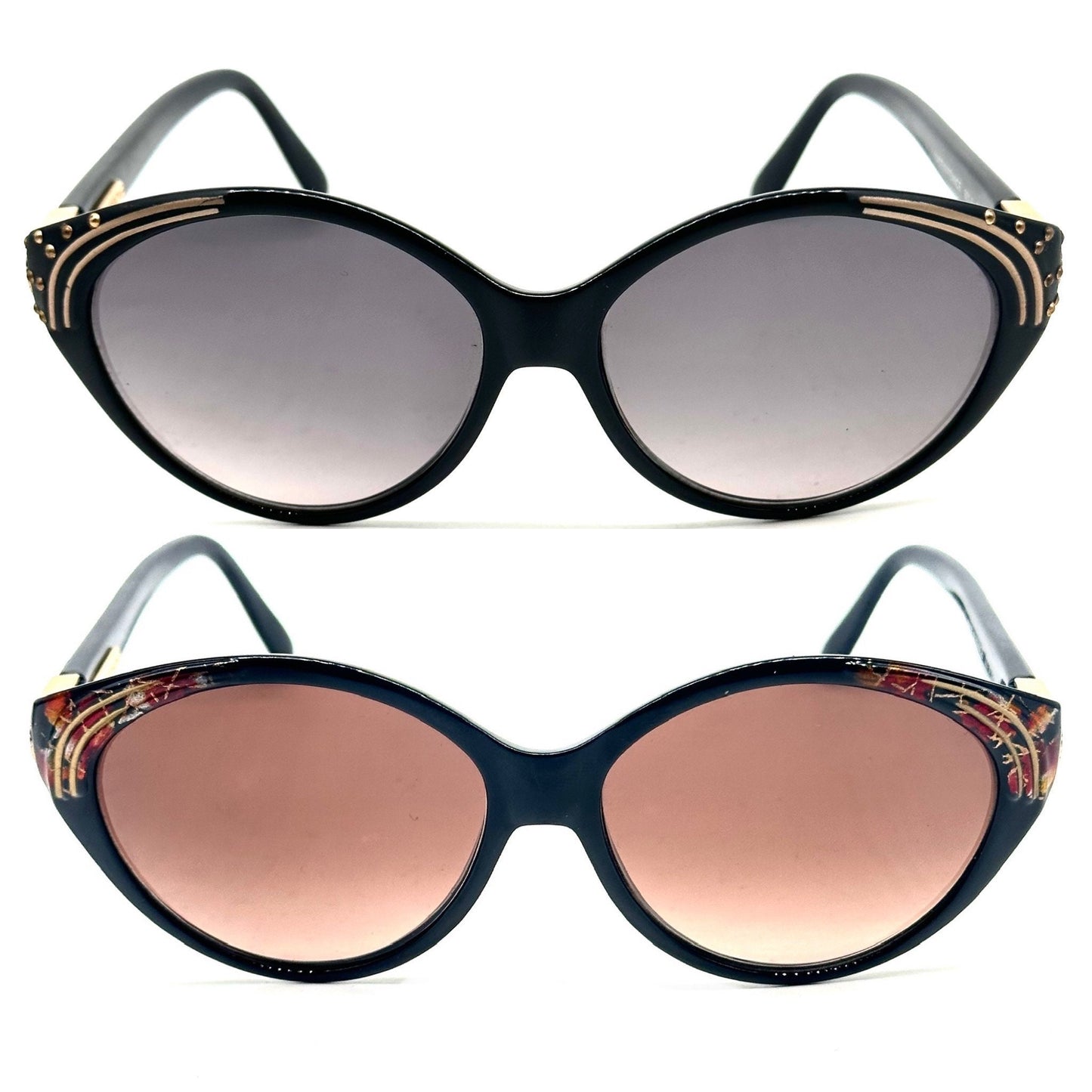 Jacques Fath black -gold oval Cateye sunglasses w 2 detail variations, NOS 80s France