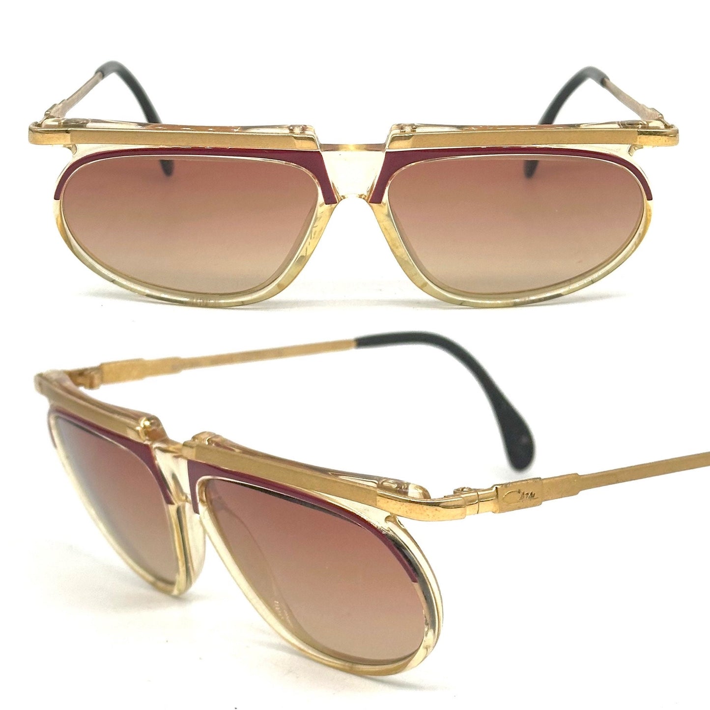 Cazal mod. 335 avant garde clear/red cello sunglasses w golden metal browline and temples, NOS 80s W Germany