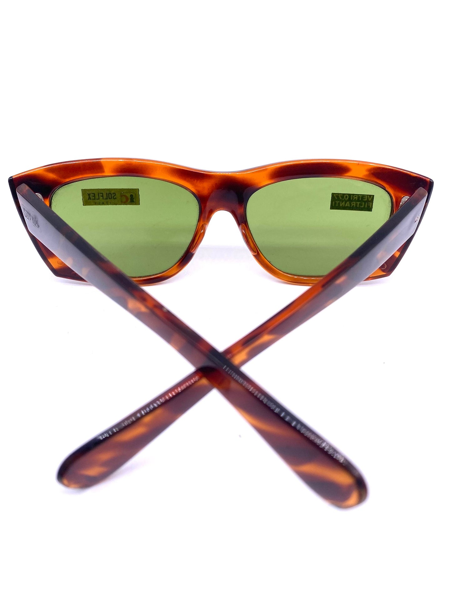 1960s Solflex square oversized tortoise sunglasses with green crystal lenses, NOS Italy