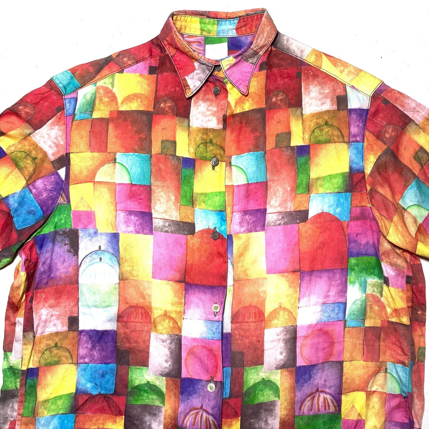 Paul Klee style short sleeved shirt, watercolor painting print by Star astistic fabrics Como, mint