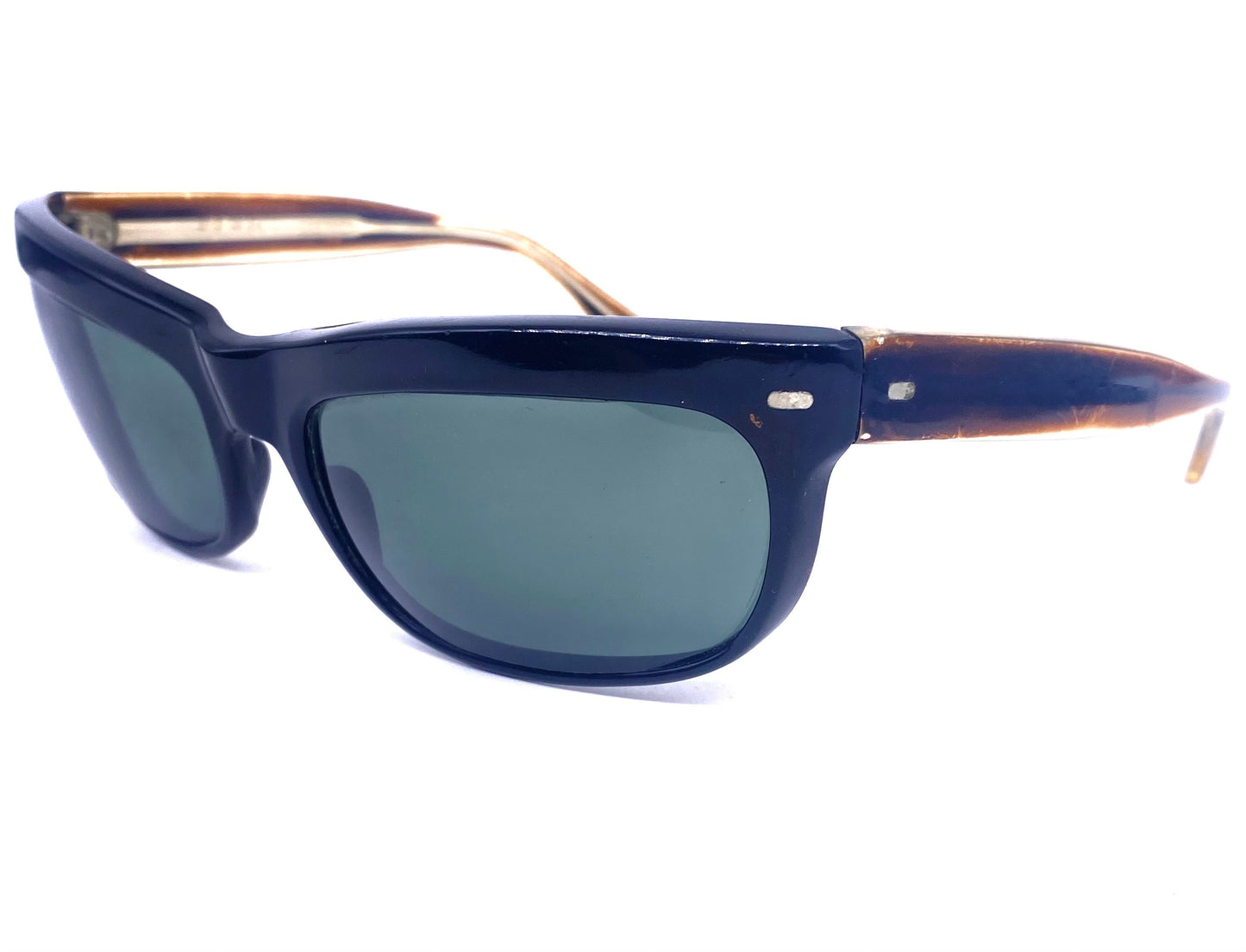 Prixol “Terminator” style sunglasses, sporty black wrap shades with brown temples, 1960s NOS Italy