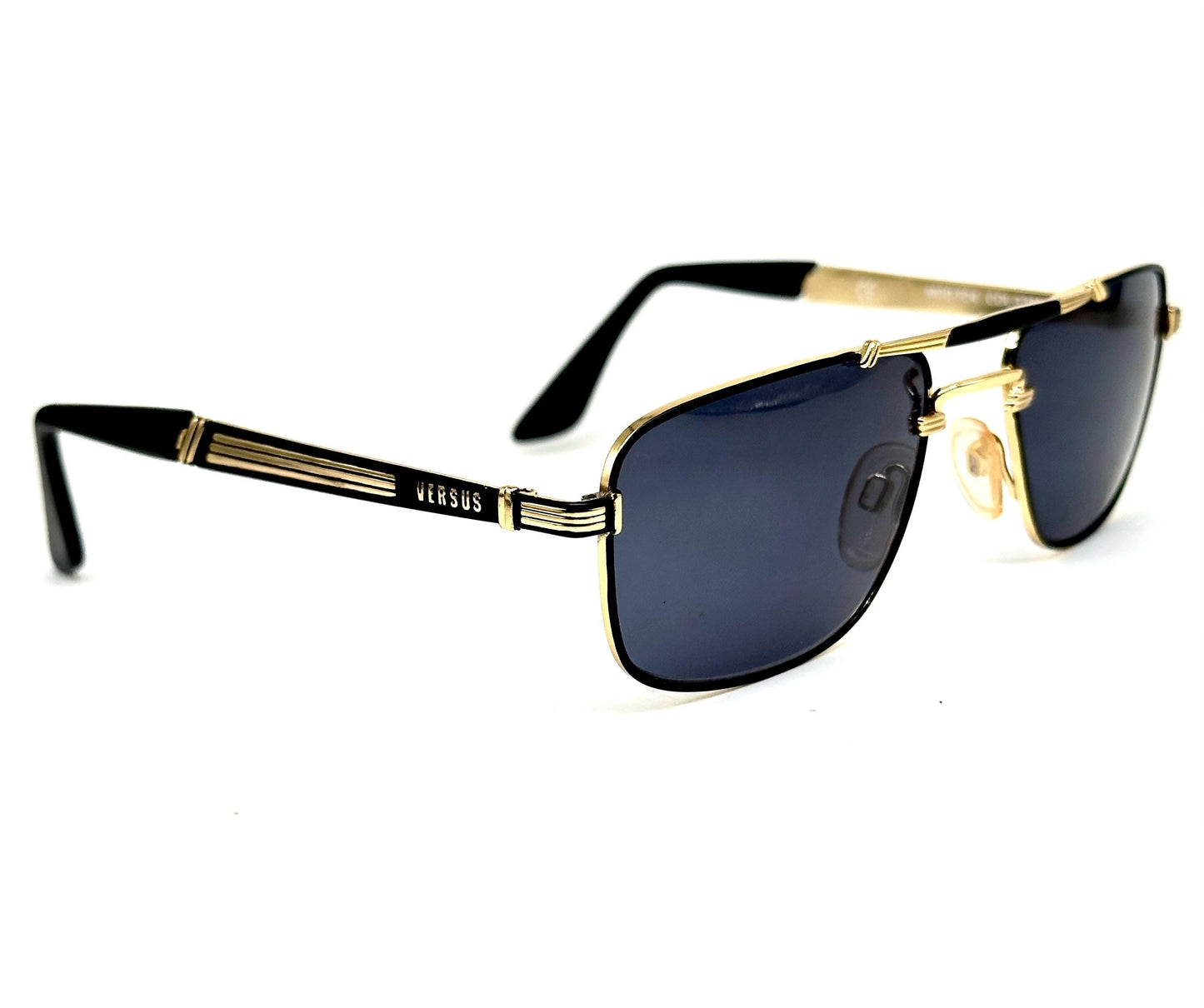 Versus Versace F04 gold/black rectangular double bridge sunglasses w carved details, NOS 90s Italy
