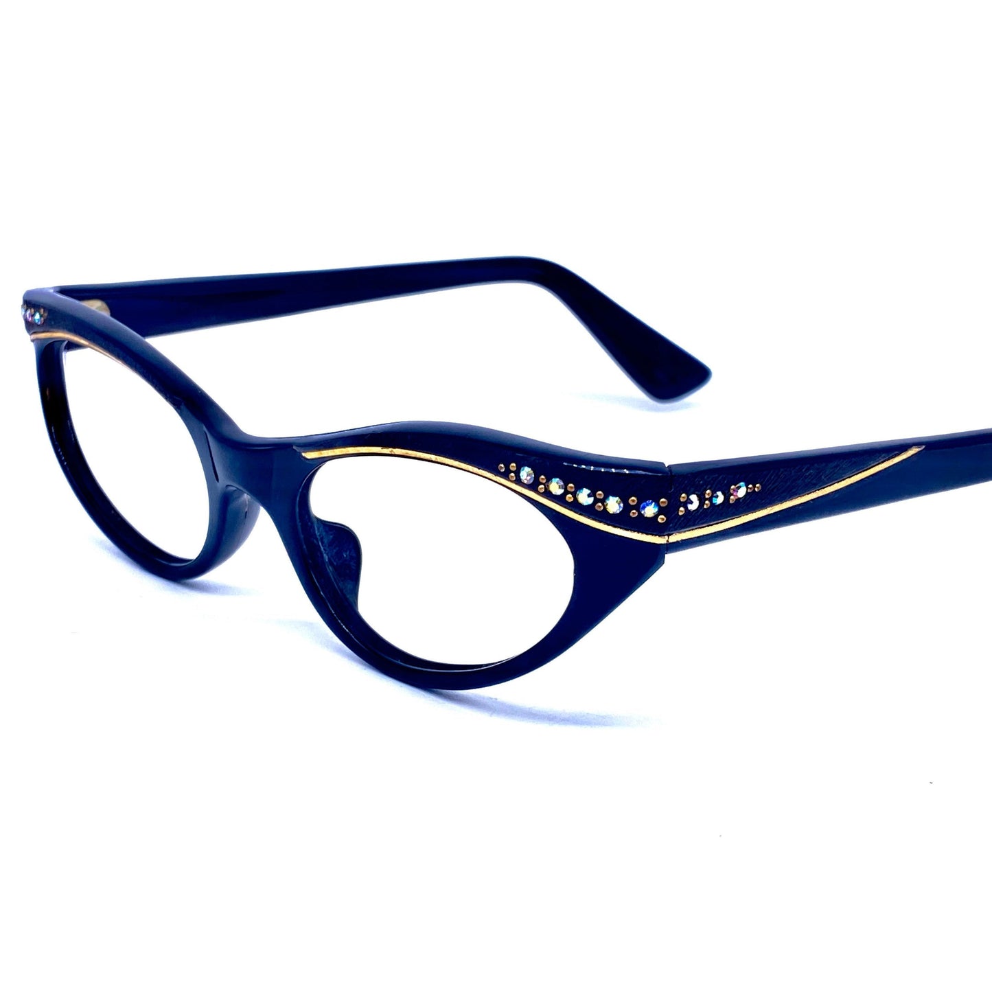 Black / tortoiseshell cateye eyeglasses with rhinestones and carved gold details, France 1950s NOS