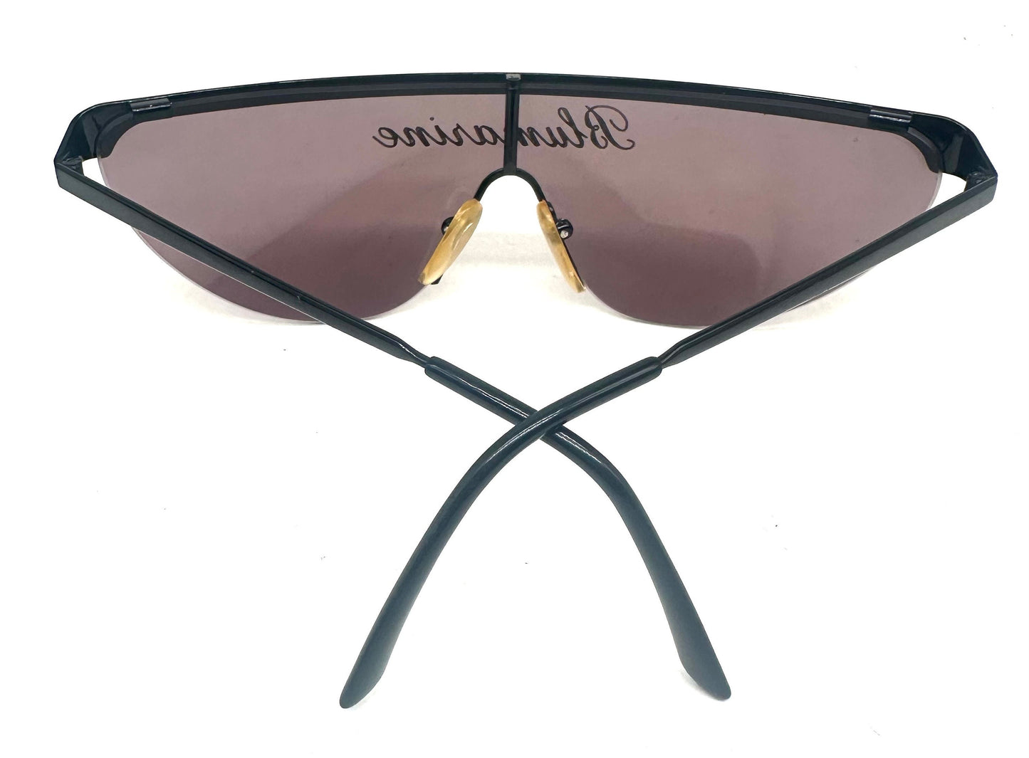 Bluemarine BM600 runway black shield sunglasses w golden glittered signature, NOS 80s Mint