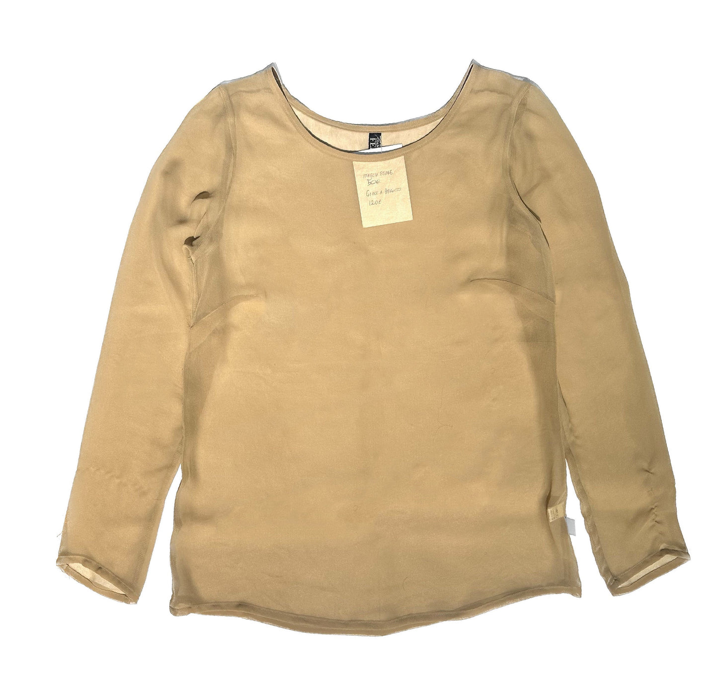 Gianfranco Ferrè translucent satin beige/skin color shirt w round collar & long sleeves, mint sz M