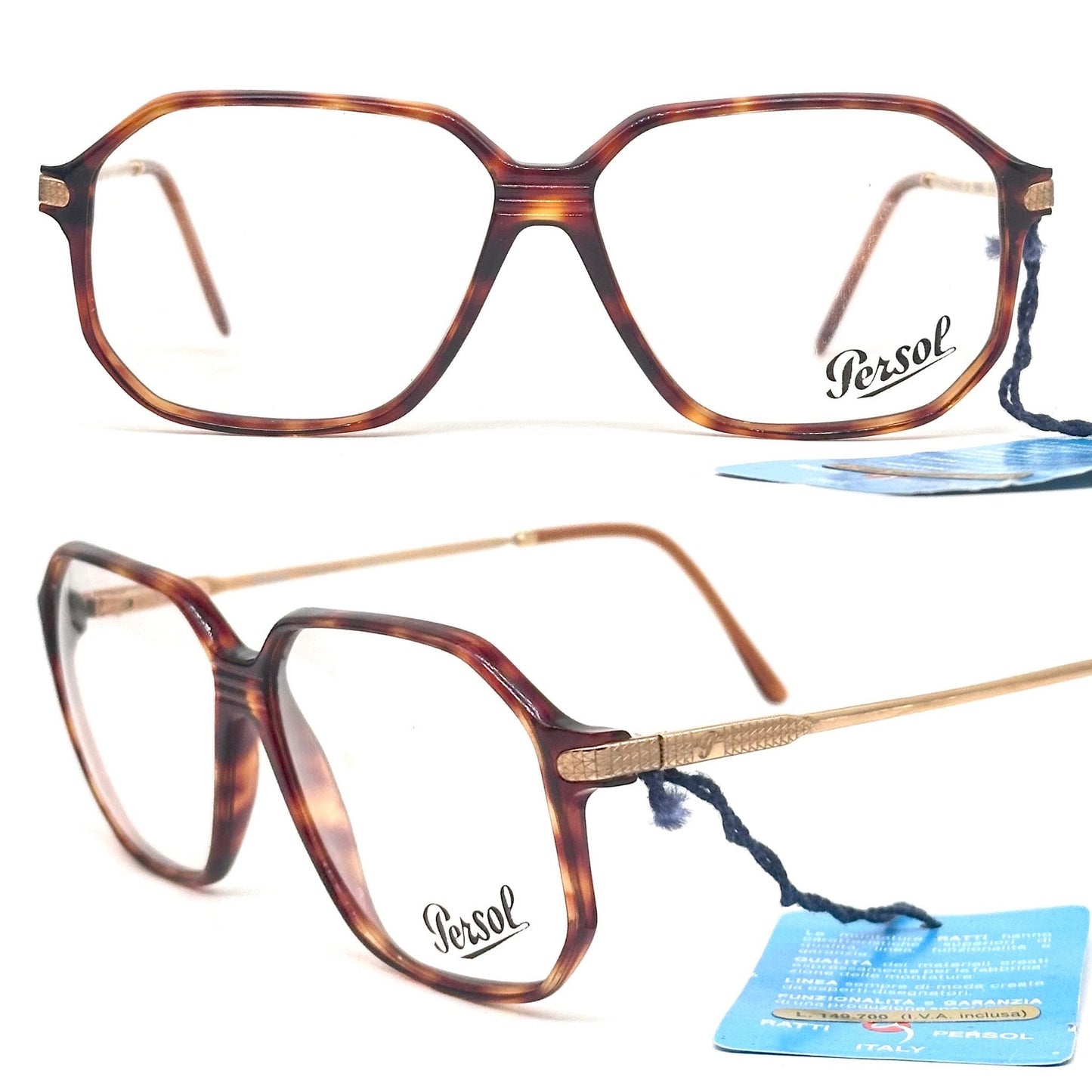 Persol Ratti 9102-B square tortoise eyeglasses w golden temples, NoS 80s Italy