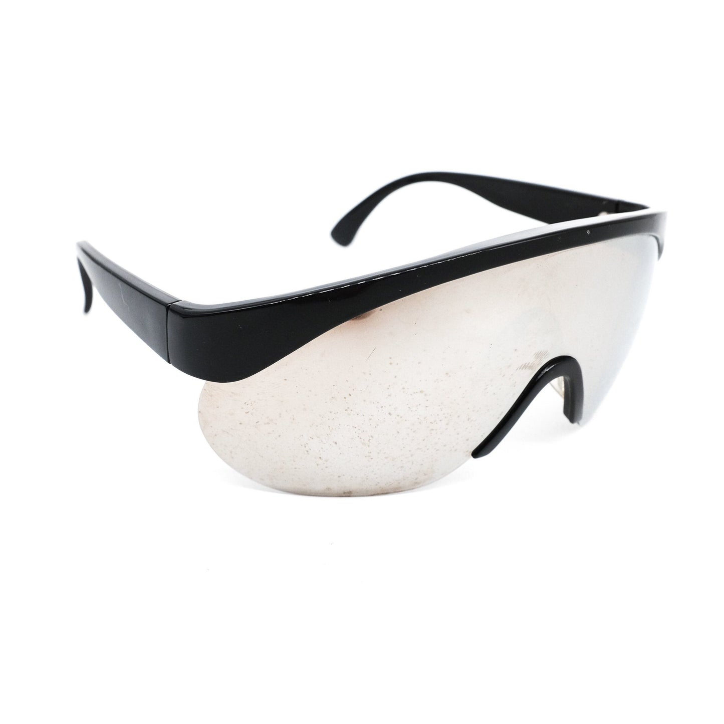 Gianni Versace black futuristic wrap sunglasses with brown mirrored shield lenses, NOs 90s Italy