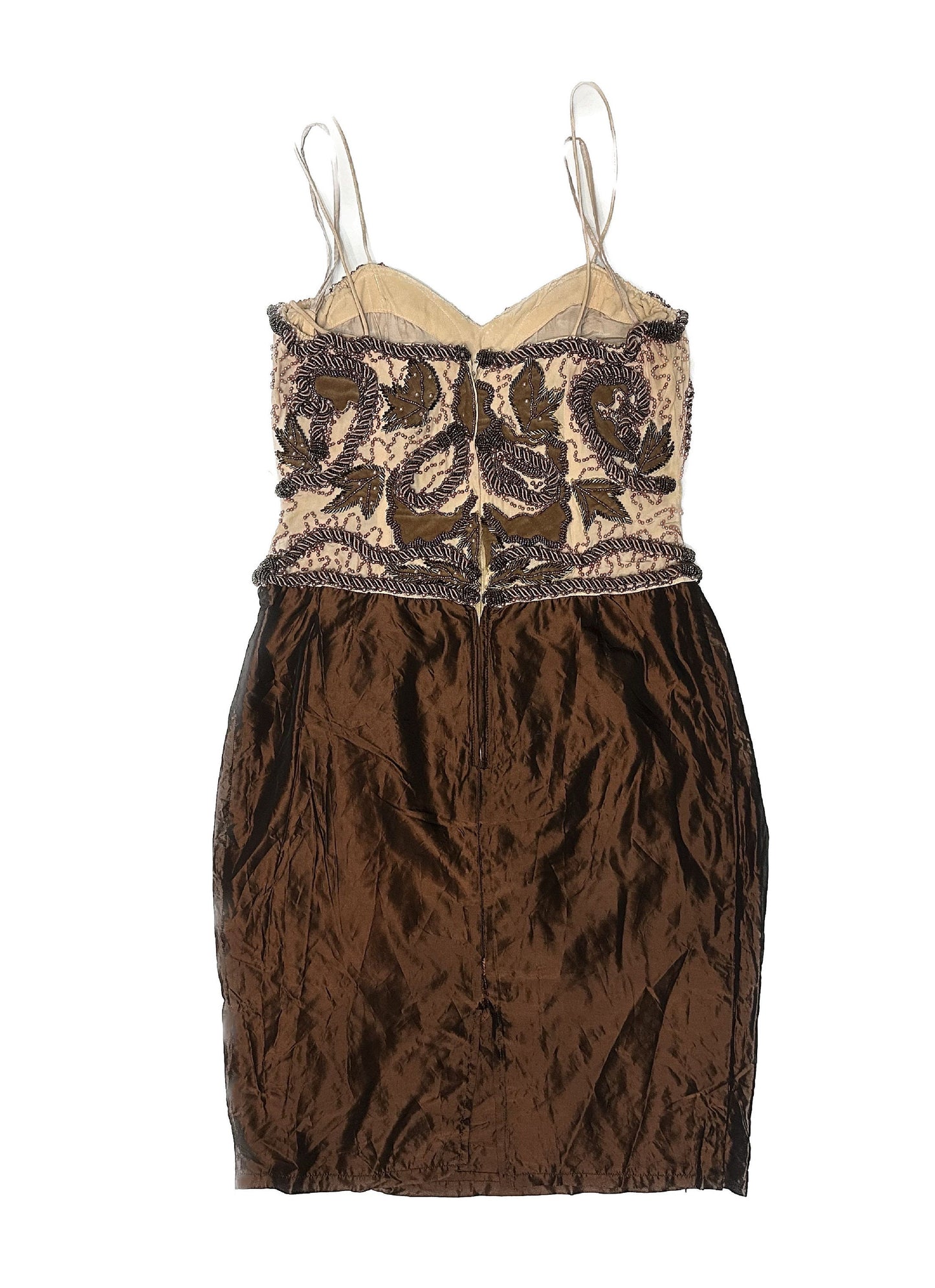 Gorgeous copper/pink tones hand embroidered pure silk dress made in India, 80s sz M