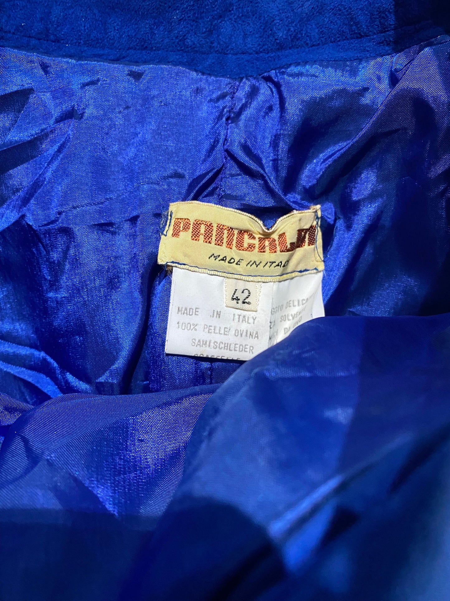 Pancaldi blue suede 2pcs vest / long skirt set w yellow/red striped and cutoff lotus flower detail, NOS 70s Mint