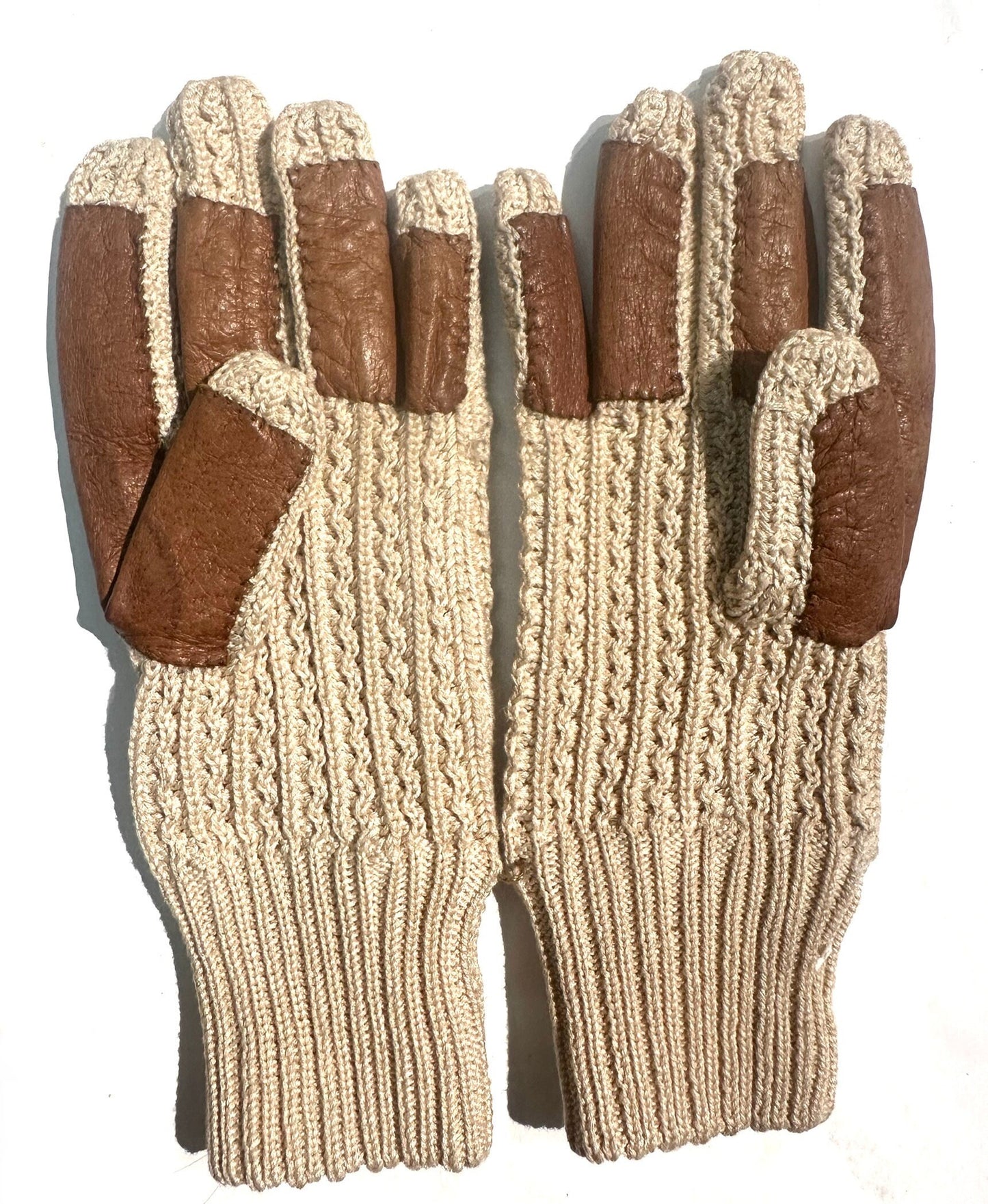 Artisanal Cotton knit driving style gloves w/ tan leather  reinforcements, NOS 80s mint