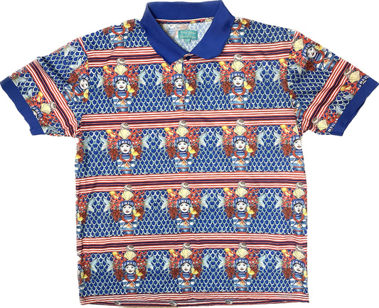 Antique Atelier G.Cinque cotton polo shirt with Sicilian moor’s head allover a blue scales red stripes base, XXL