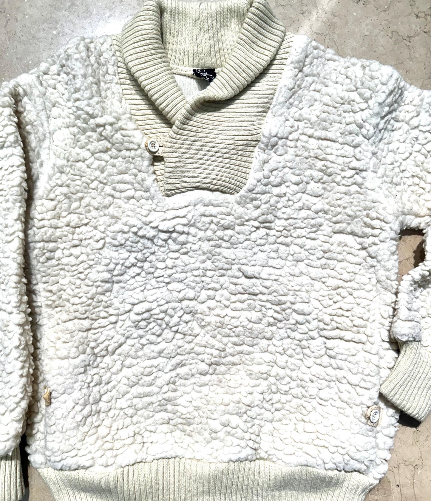 Fascino rare 1970s sherpa- faux shearling jumper w knitted borders, finest quality hand made garment, mint.