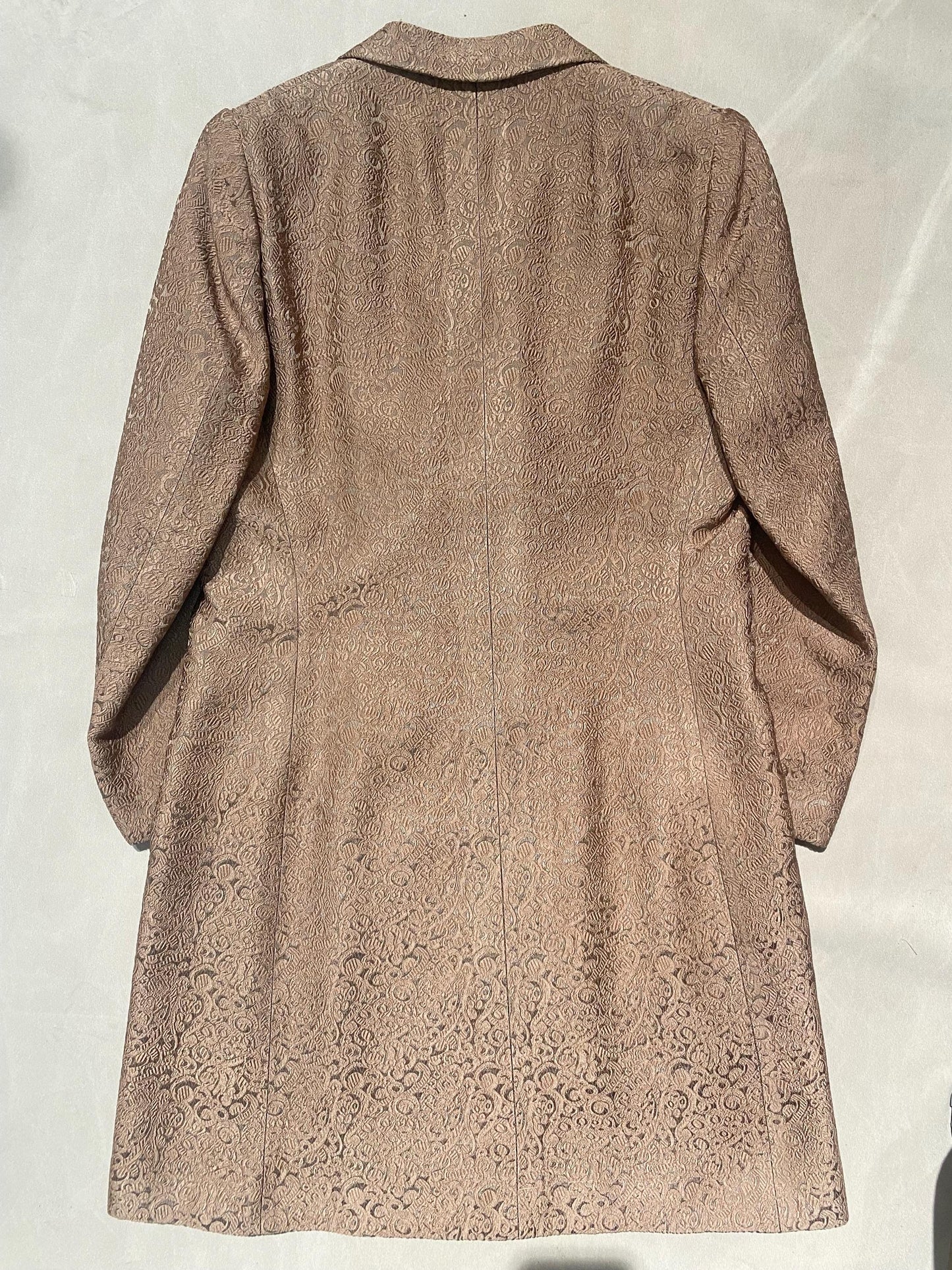 1960s sartorial dbl breast coat in jacquard satin brocade allover, cameo color w beige lining, as new