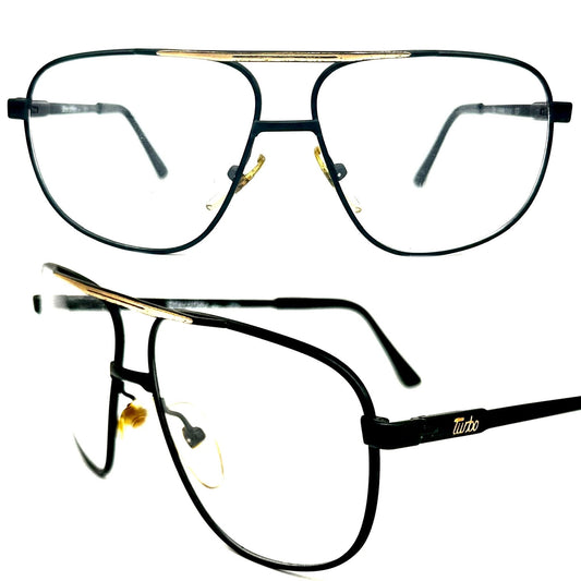 Sferoflex Turbo 679 matte black aviator eyeglasses frames with golden dbl bridge and embossed branding, NoS 80s