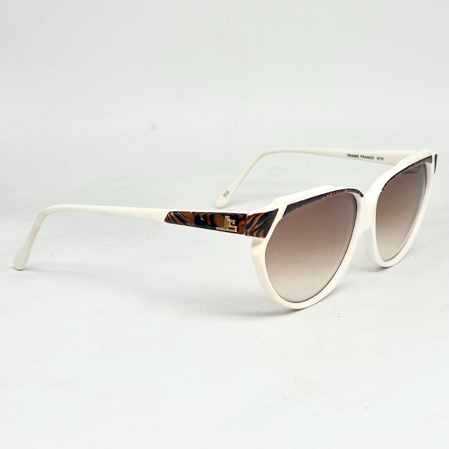 Jean-Louis Scherrer Paris frame 876 white acetate with fluid animalier marbled parts and golden JLS logo detail 90s NOS France