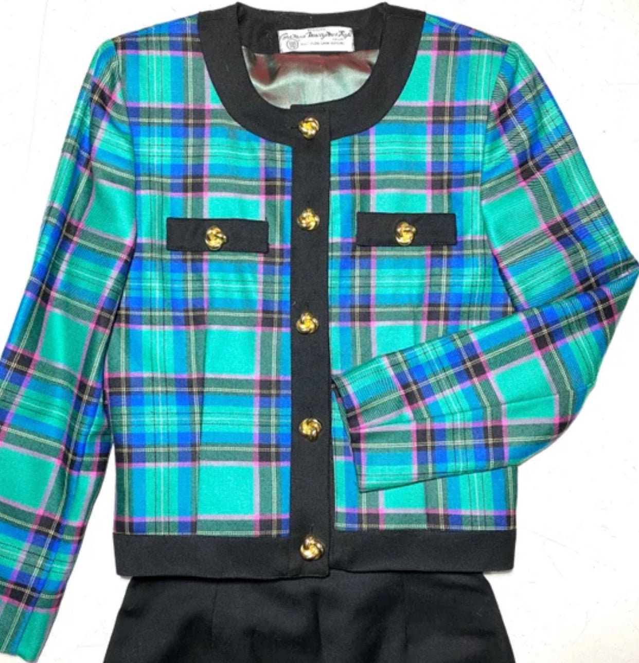 Marzotto pure class green/black tartan wool ladies suit (skirt-chanel style blazer) sz 42