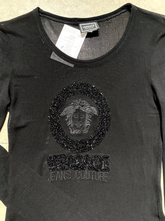 Versace Jeans Couture 90s black mesh Medusa sparks embroidered tulle - mesh top, sz M ladies