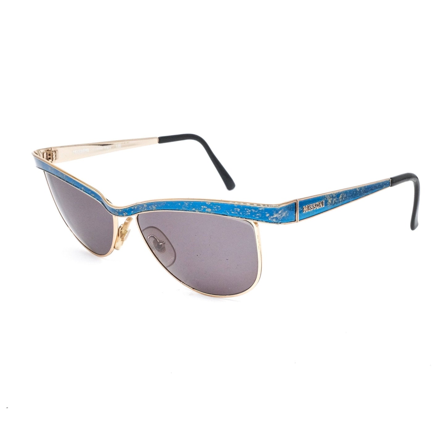 Missoni metallic cateye sunglasses with thick blue browline crafted in satin gold. 90s NOS Italy