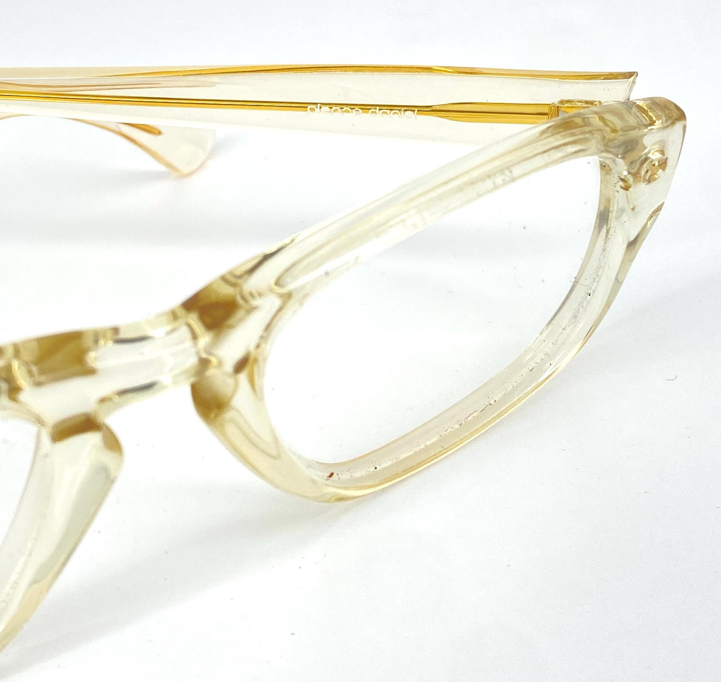 Pierre Daniel 70s NOS clear acetate keyhole rectangle-drop glasses frames hand made in Italy, mint