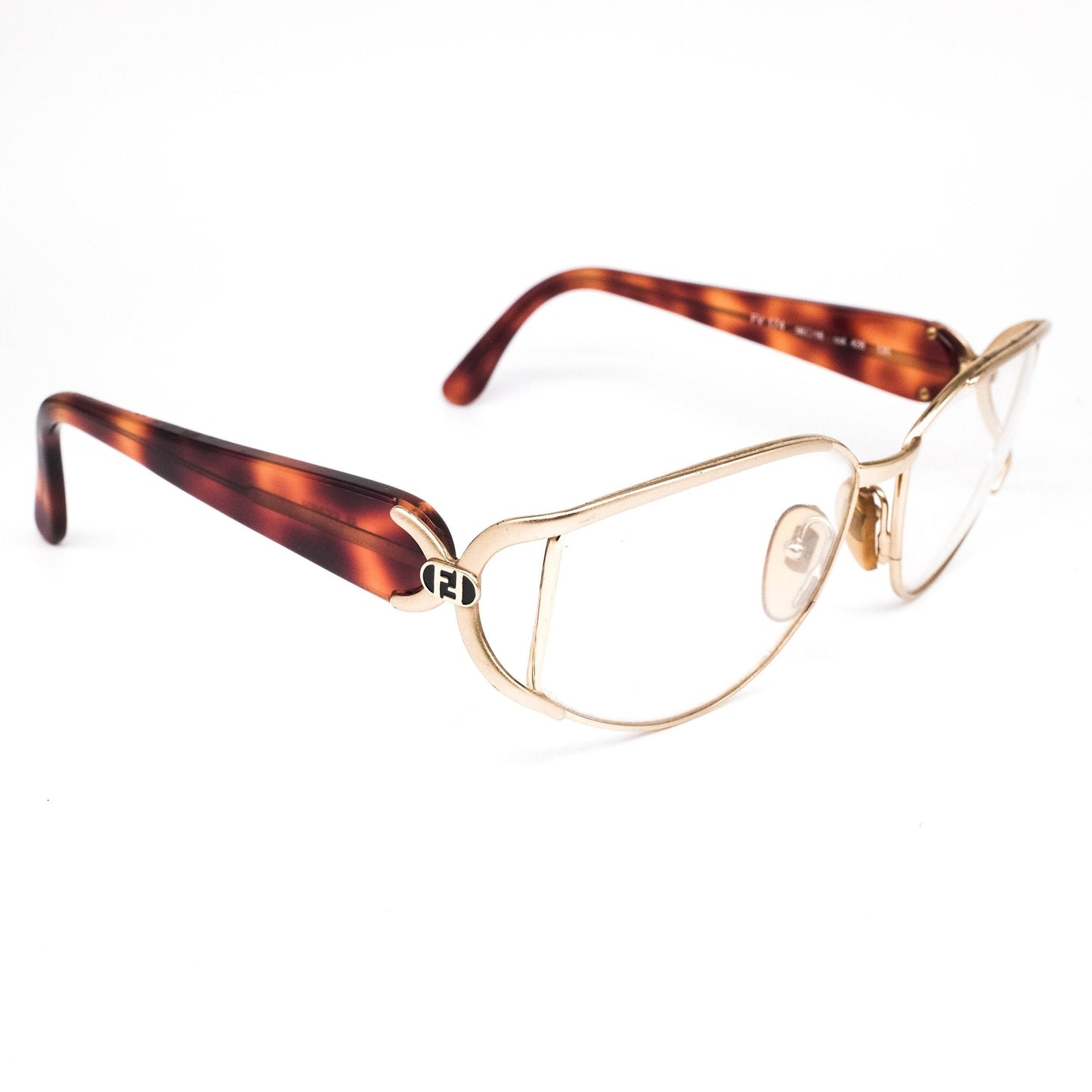 Fendi FV174 golden metallic cello drop shaped eyeglasses frames in with cut off hinges and wide acetate temples, hand made in Italy 80s