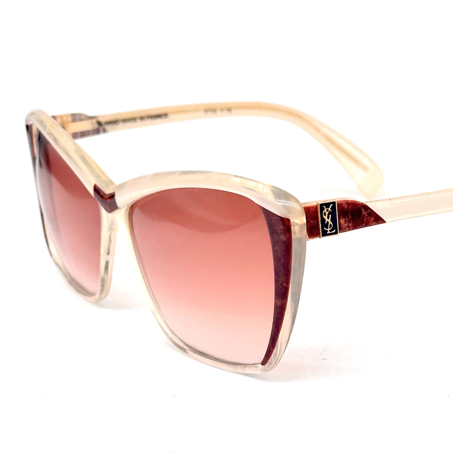 YSL Saint Laurent 8706 sunglasses made in France, marbled pearl & textured brown oversized style, 80s NOS