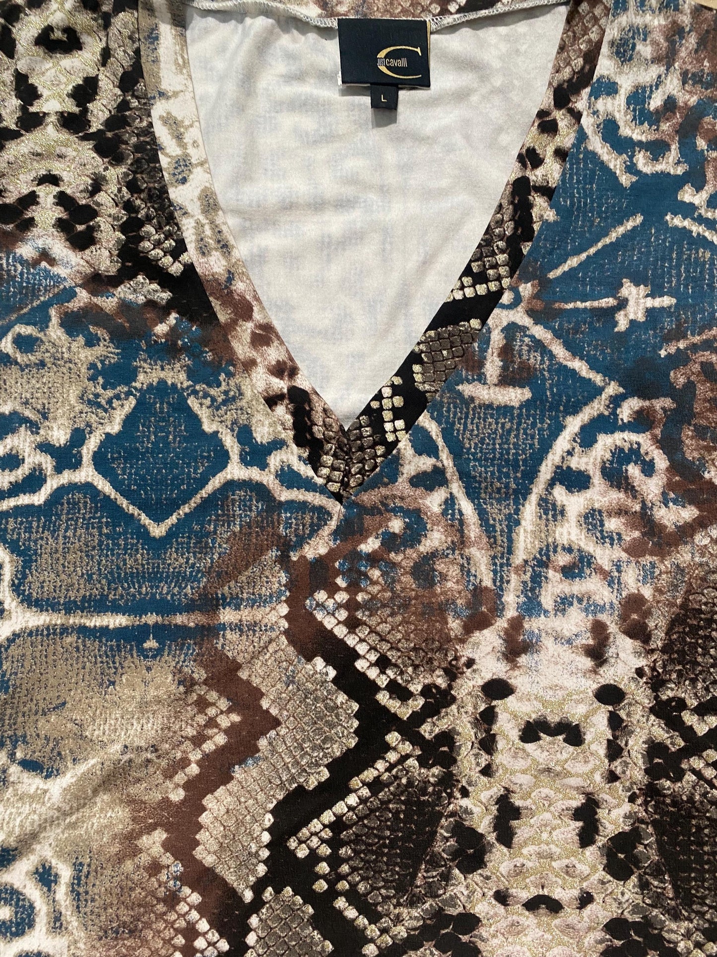 Just Cavalli Snake print v-neck cotton tanktop w golden glittered accents, Mint condition, sz L