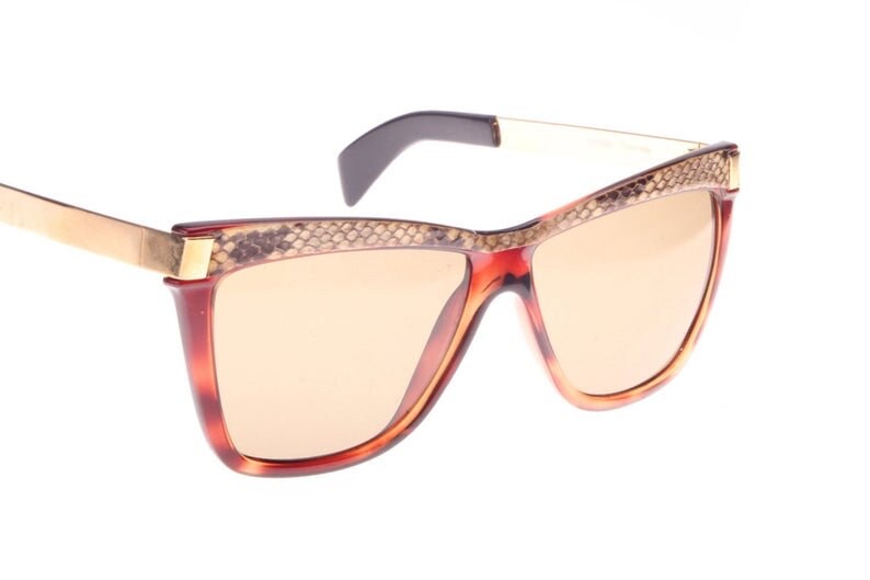 Morwen luxury square sunglasses w real snake inserts & golden temples, NOS 80s Italy