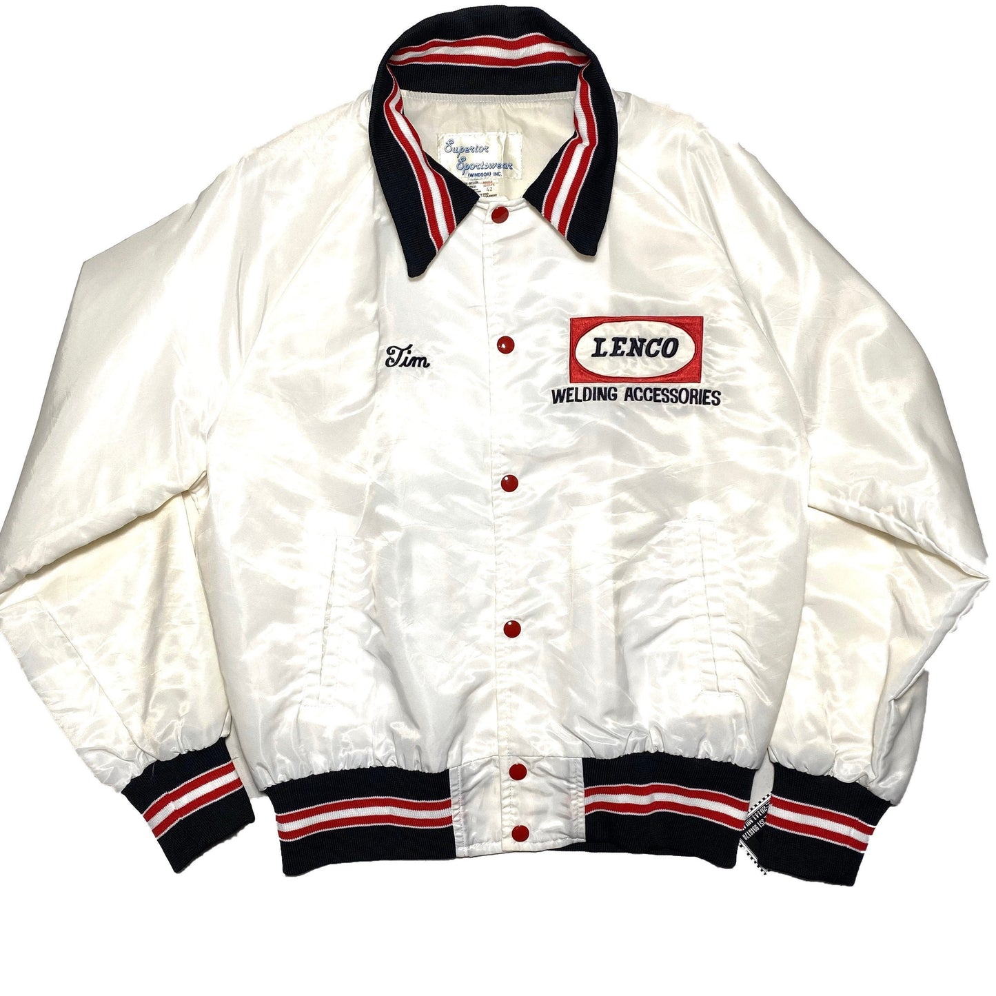 Collectible white satin varsity by Superior Sportswear x Lenco welding tools, mint condition sz M