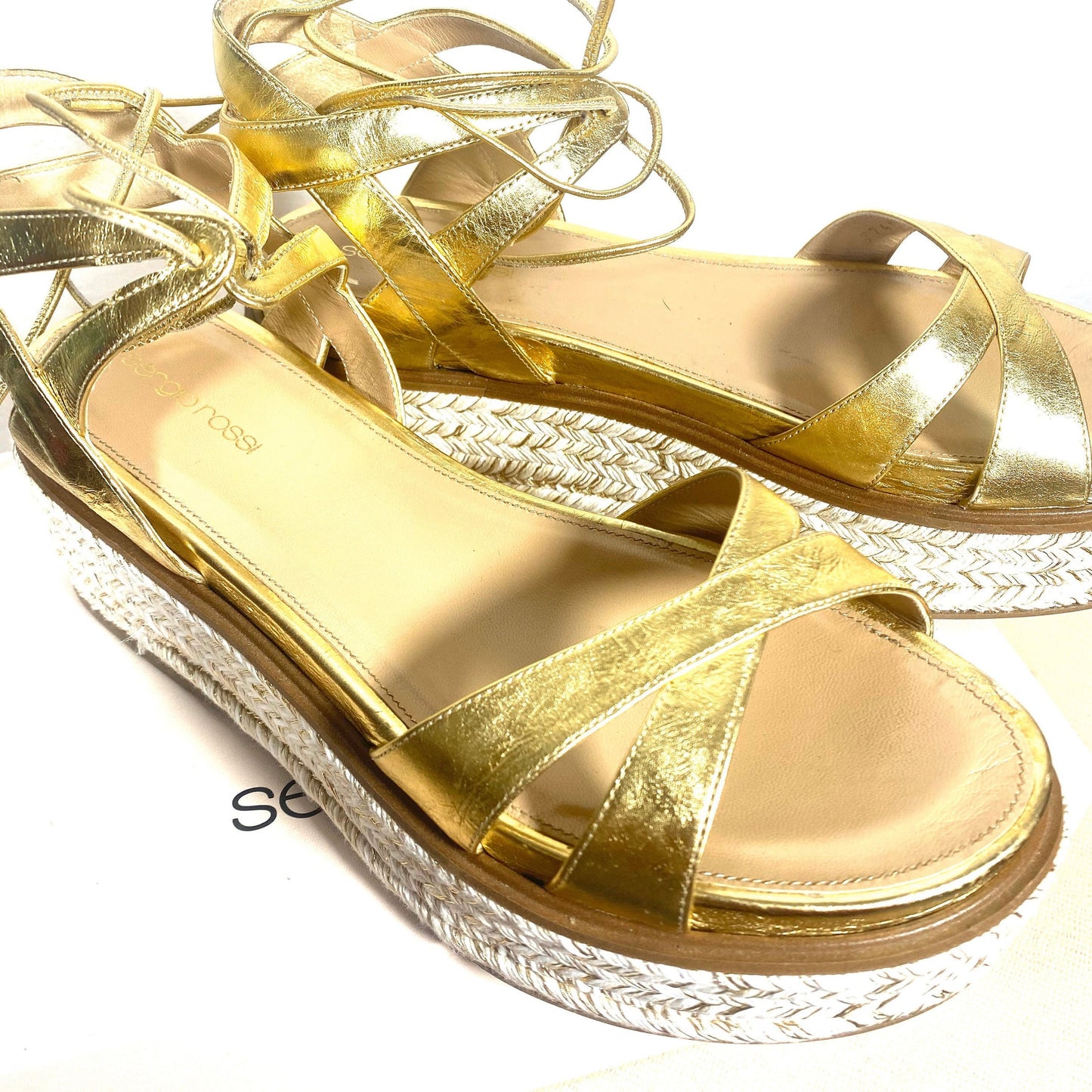Sergio Rossi gold leather high cord sole sandals size 40, new old stock