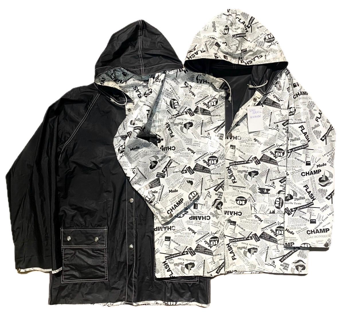 Renco Marwell hooded reversible rain jacket, black nylon & b/w fashion news print PVC jacket, sz S, XL