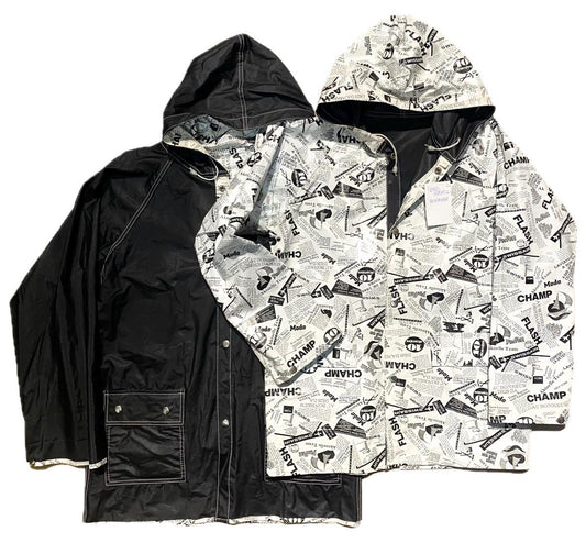 Renco Marwell hooded reversible rain jacket, black nylon & b/w fashion news print PVC jacket, sz S, XL
