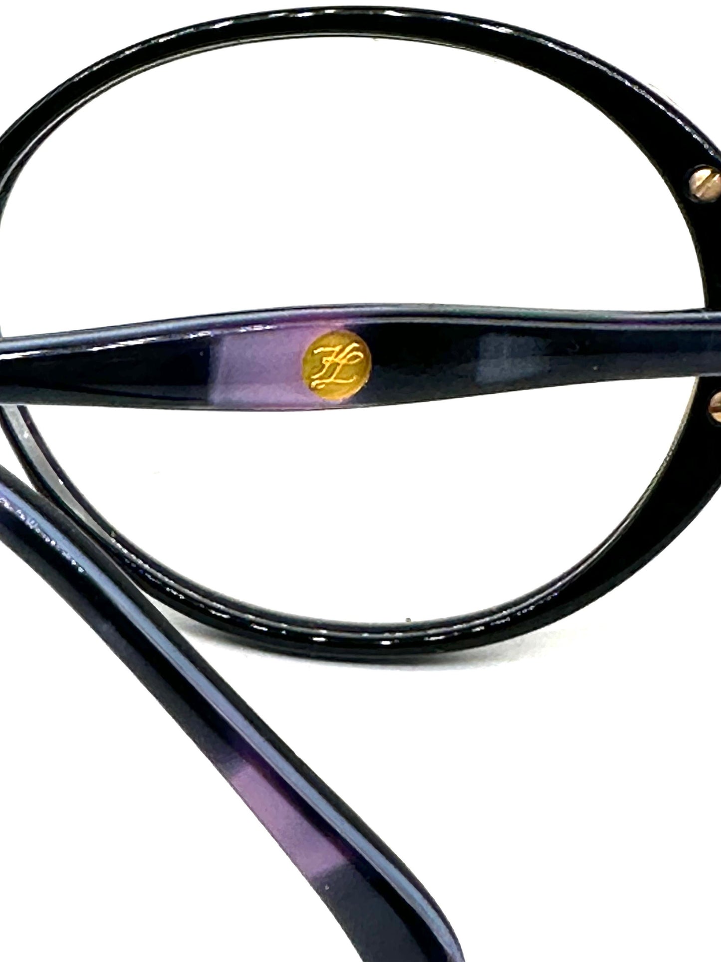 Karl Lagerfeld 80s NOS oval ladies frames, purple pearl cello w/ golden decò carved details, beautiful