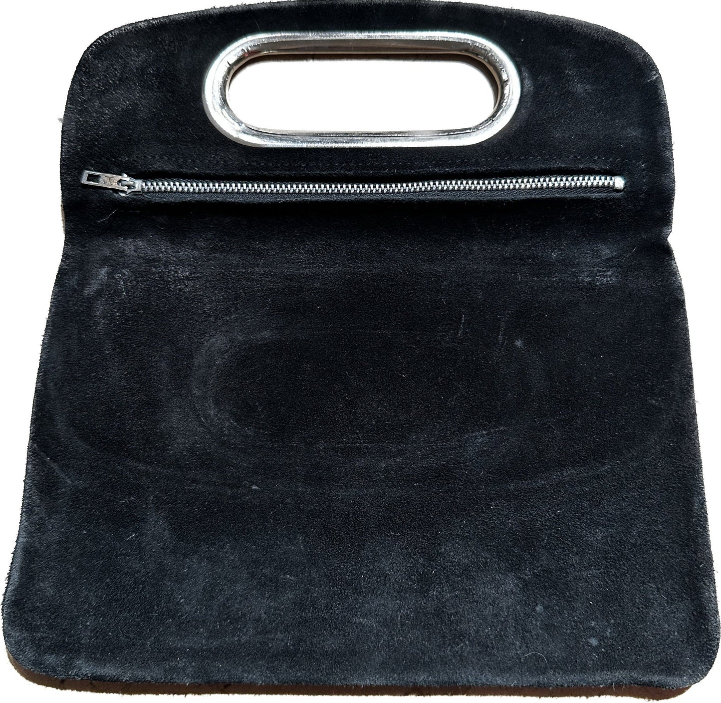 Minimal 60s mod suede pouch with cutoff silver handle and zipper closure, mint