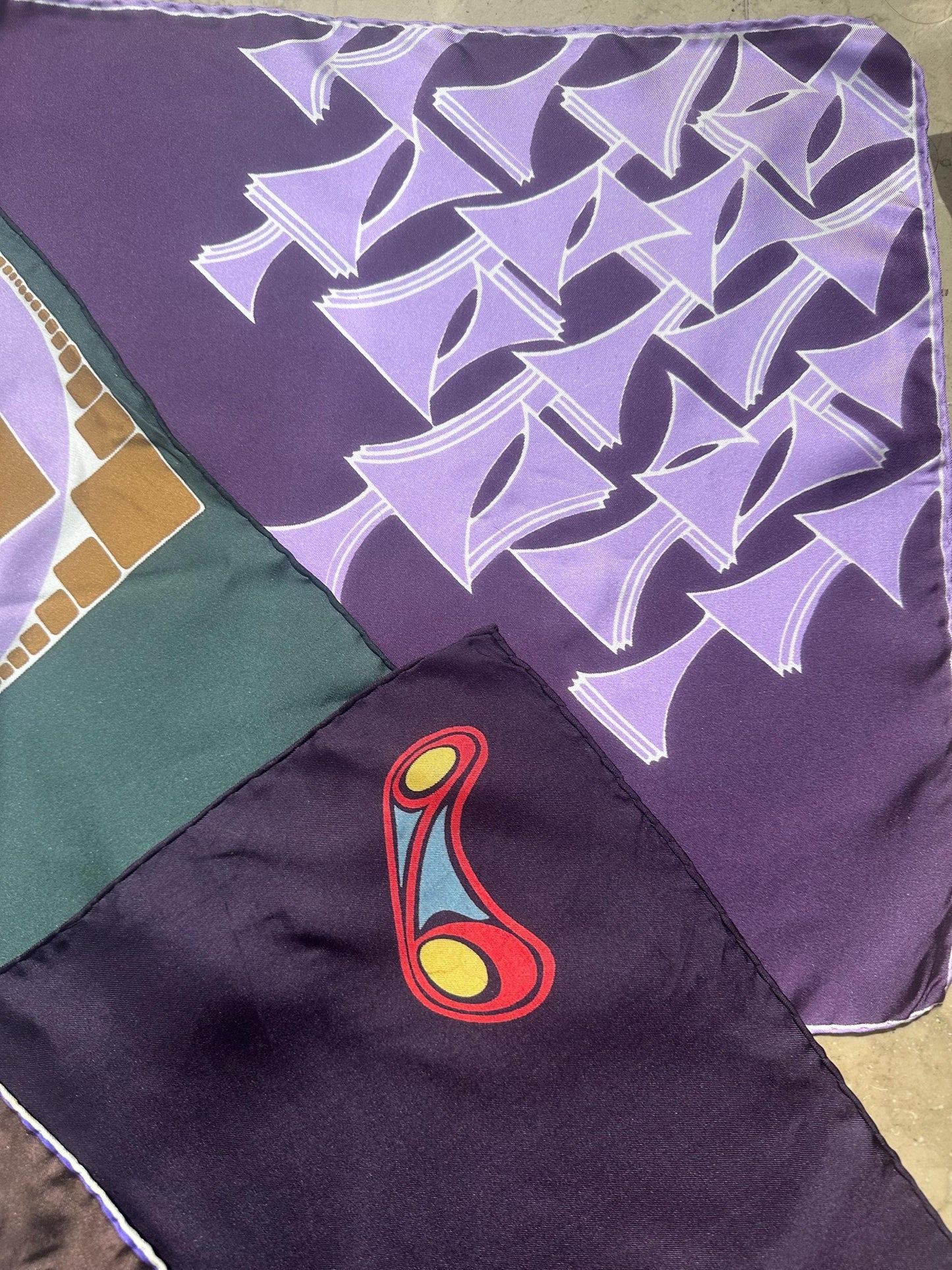 Lot of pure silk pocket squares / handkerchiefs w hand sewn borders, iconic abstract designs, 1970s NOS