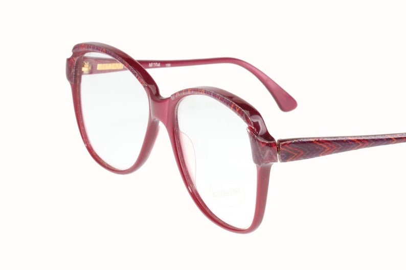 Missoni M104 oversized burgundy eyeglasses frames w real zigzag knit fabric inserts, Nos 80s Italy