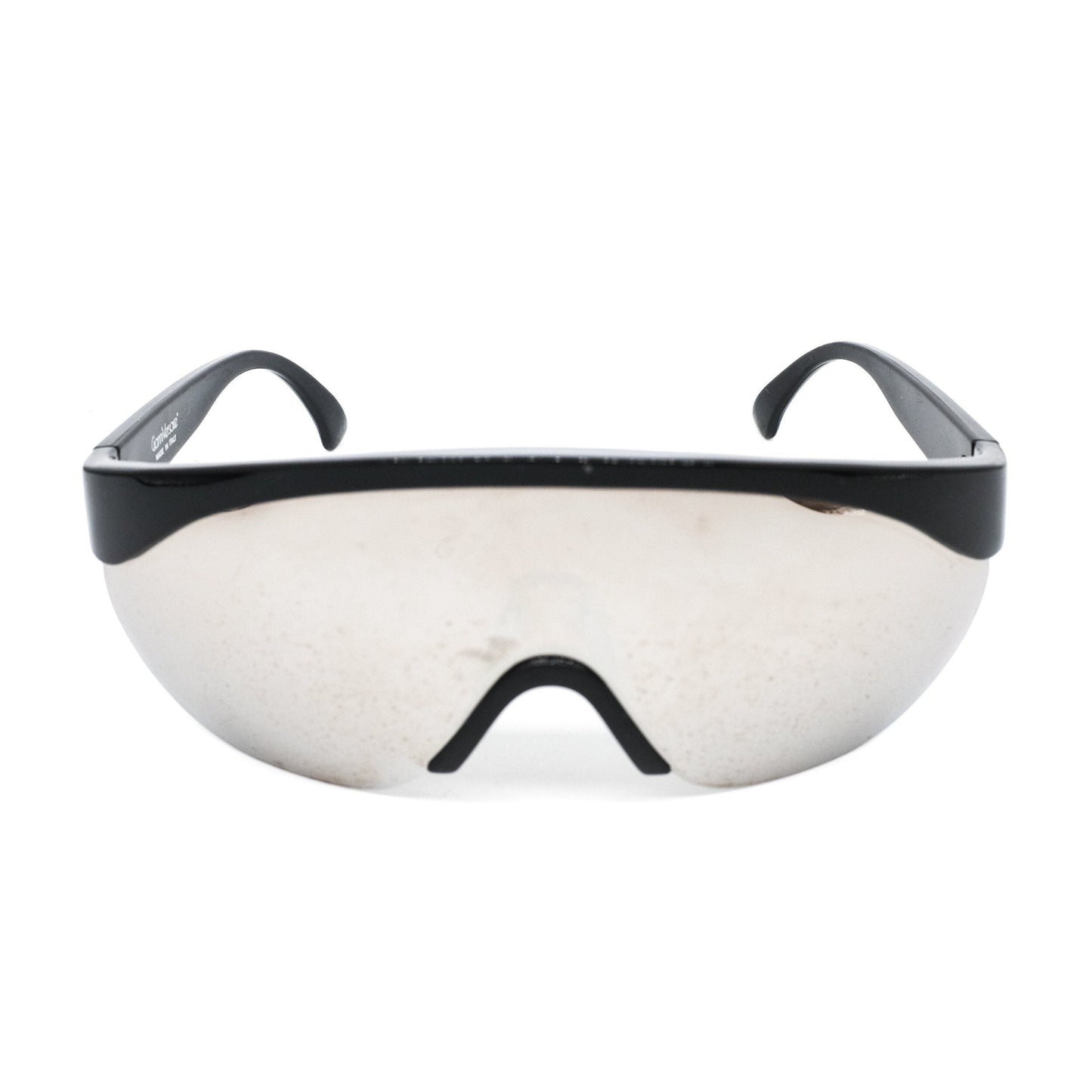 Gianni Versace black futuristic wrap sunglasses with brown mirrored shield lenses, NOs 90s Italy