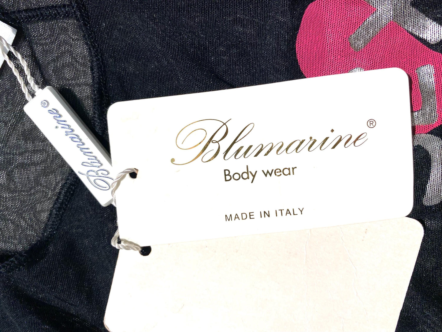 Blumarine black Lycra bodysuit, translucent & shiny fine mesh fabric w iconic “Sexy Blumarine” heart print, NOS 90s BNWT