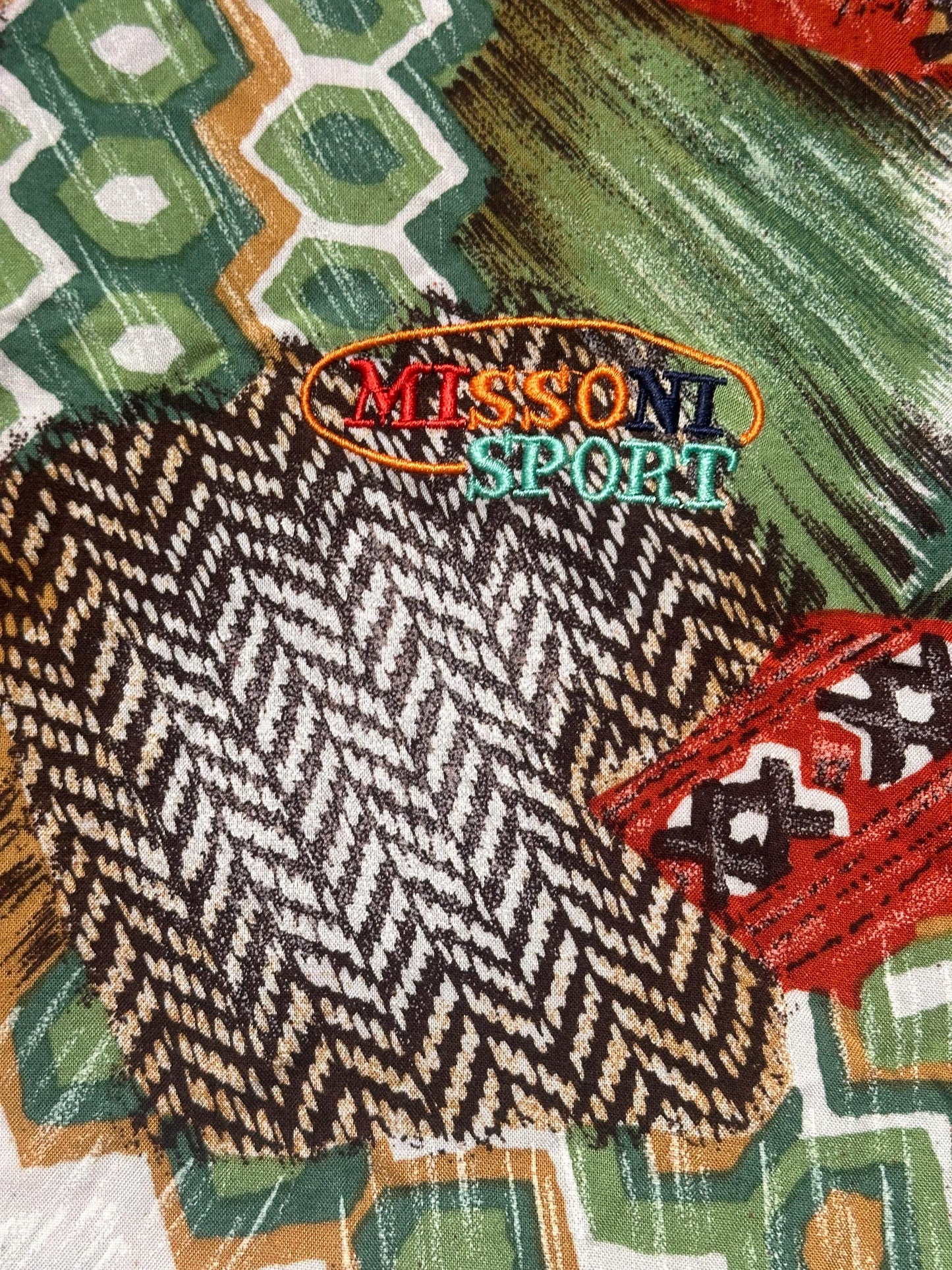 Missoni Sport cool Navajo inspired print cotton polo shirt in green/ burgundy and brown tones, great condition sz L