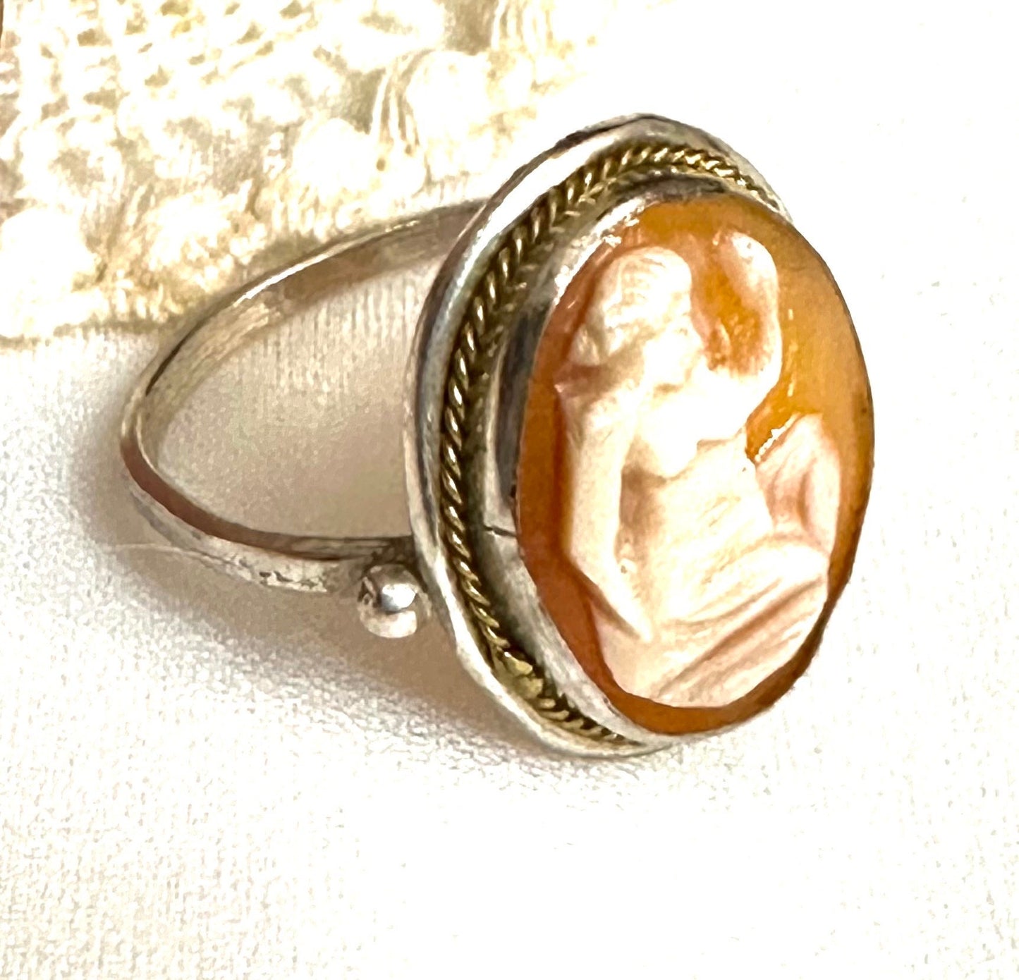 Antique Silver cameo ring w hand carved coral - Shell female figure / Greek Goddess, New from deadsrock