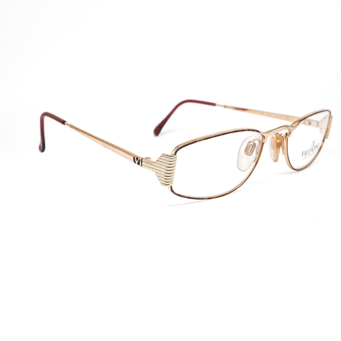 Valentino V374 golden reading eyeglasses frames with carved details. NOS 90s Italy