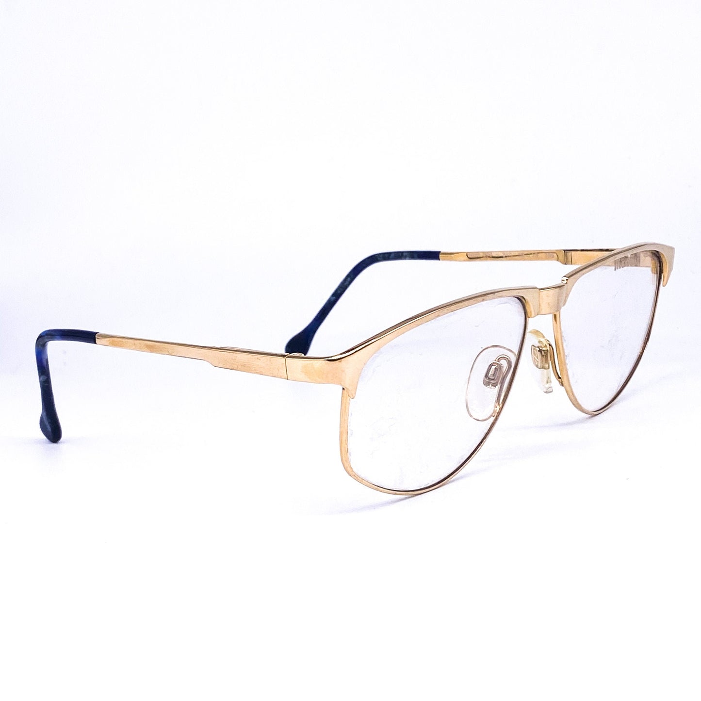 Jil Sander gold metallic oval eyeglasses frames with deep blue temple tips, Italy 80s NOS