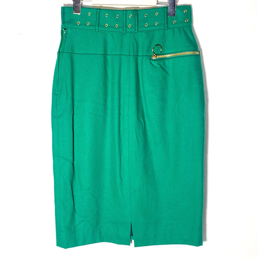 Ferrè Oaks vintage green wool skirt with golden cutoff studs and rocking zipper pocket, 90s NOS