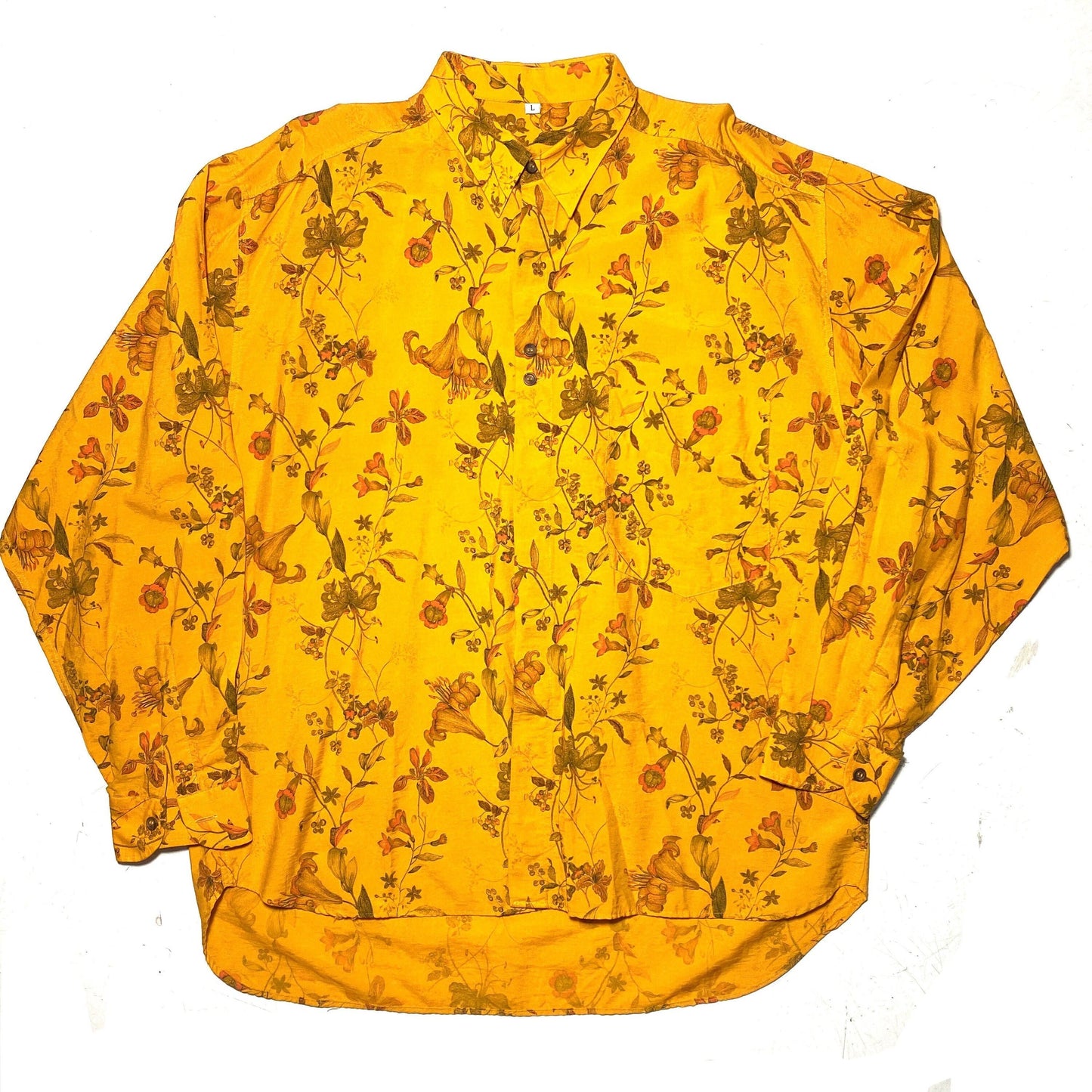 Boho botanical print orange viscose shirt, 1980s new old stock